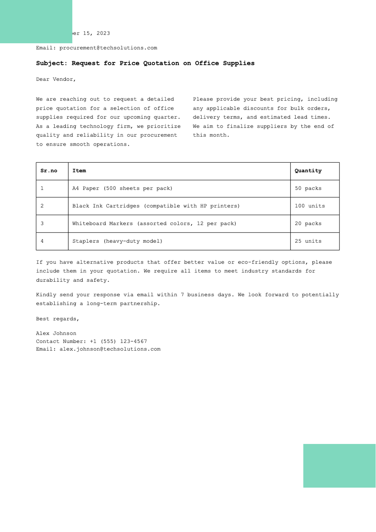 Formal business request for quotation letter with itemized office supplies table_variant_2